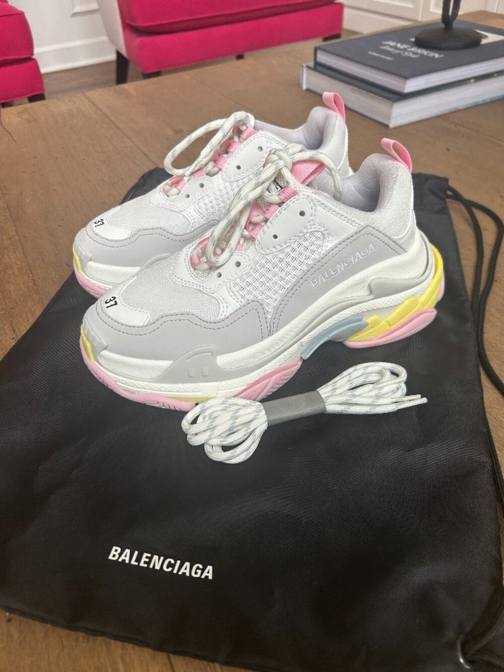 White Balenciaga Women's Triple S Sneakers w Pink and Yellow Accents WMNS 37, 7